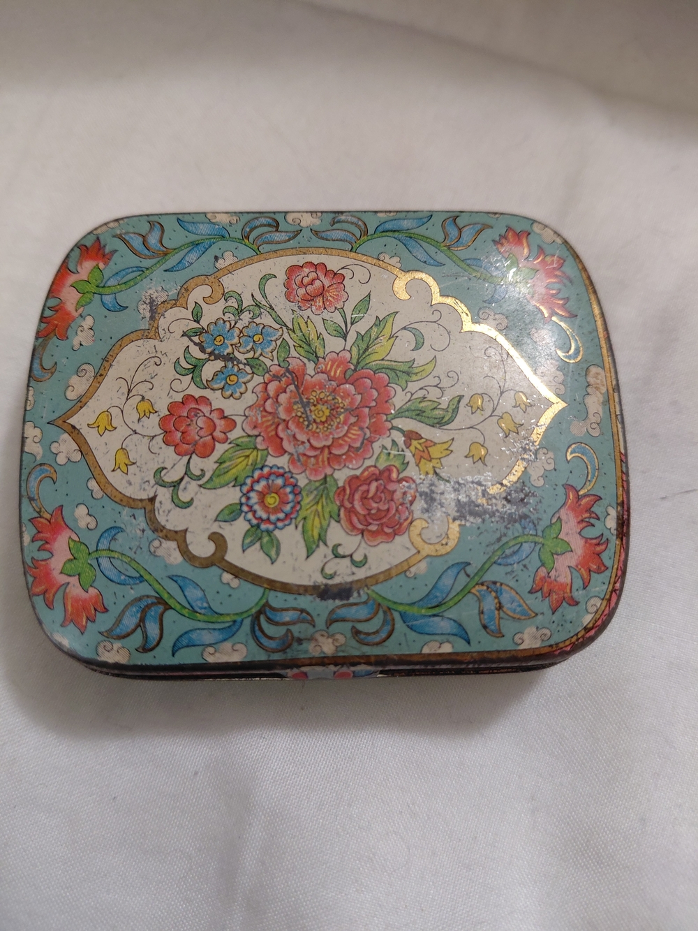 Decorative Floral Compact Trinket Tin - Turquoise & Pink Vintage